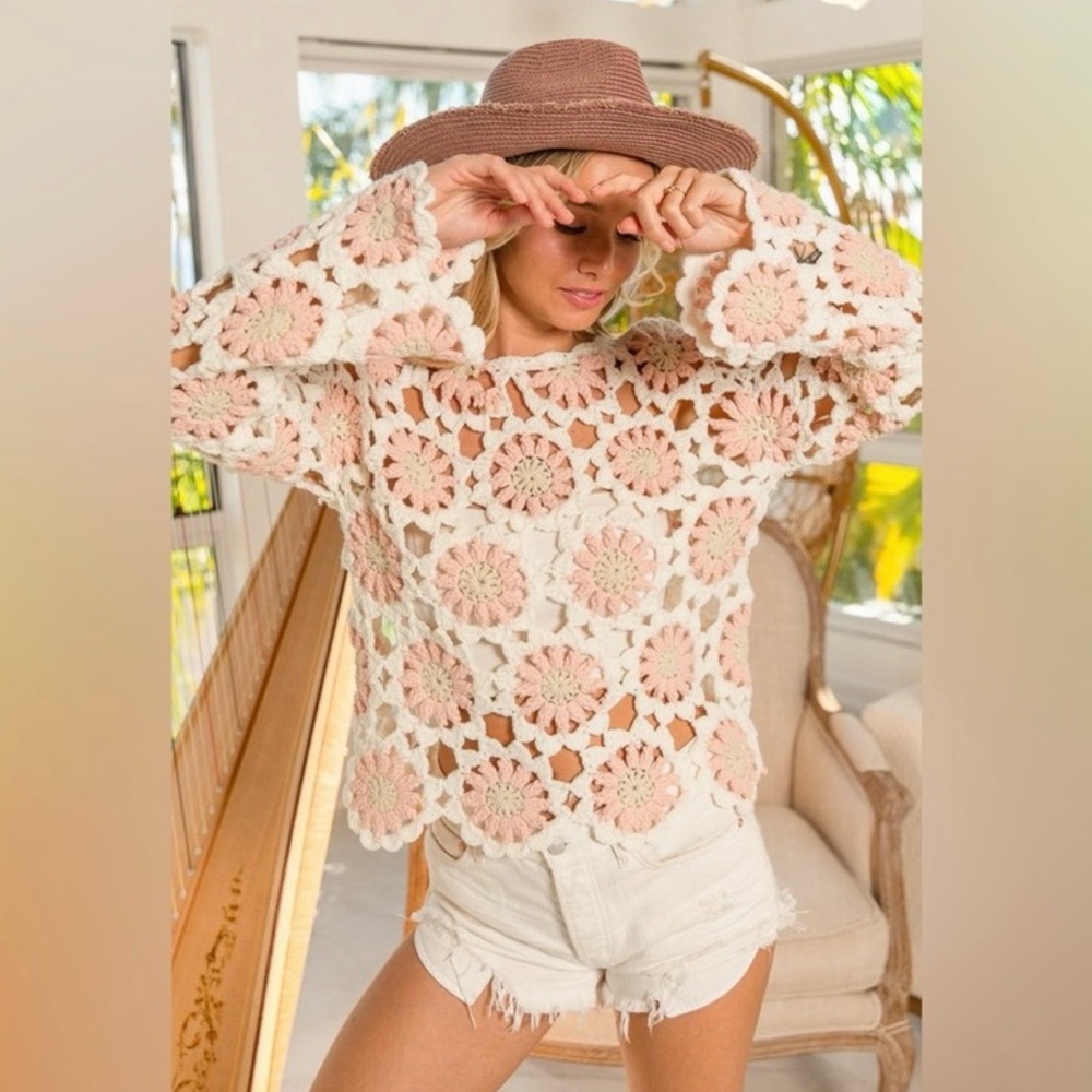 NWT BiBi Pink and White Crochet Floral Top! SZ Large - Picture 5 of 7